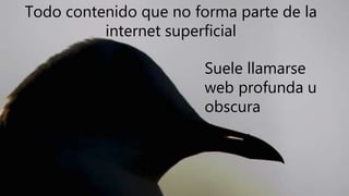Todo contenido que no forma parte de la
internet superficial
Suele llamarse
web profunda u
obscura
 