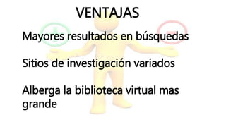 VENTAJAS
Mayores resultados en búsquedas
Sitios de investigación variados
Alberga la biblioteca virtual mas
grande
 