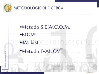 26
MarcelloFesteggiante-2015
29 maggio 2015
METODOLOGIE DI RICERCA
●Metodo S.E.W.C.O.M.
●BIG6TM
●3M List
●
Metodo IVANOV
®
 