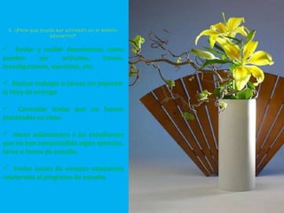 Enviar y recibir documentos como pueden ser artículos, tareas, investigaciones, ejercicios, etc.  Revisar trabajos o tareas sin importar la hora de entrega Contestar dudas que no fueron planteadas en clase Hacer aclaraciones a los estudiantes que no han comprendido algún ejercicio, tarea o forma de estudio. Enviar avisos de eventos educativos colaterales al programa de estudio. 3.  ¿ Para qué puede ser utilizado en el ámbito educativo? 