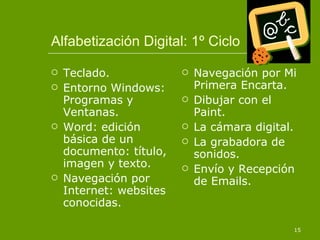 Alfabetización Digital: 1º Ciclo Teclado. Entorno Windows: Programas y Ventanas. Word: edición básica de un documento: título, imagen y texto. Navegación por Internet: websites conocidas. Navegación por Mi Primera Encarta. Dibujar con el Paint. La cámara digital. La grabadora de sonidos. Envío y Recepción de Emails. 