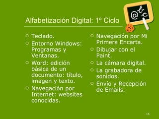 Alfabetización Digital: 1º Ciclo Teclado. Entorno Windows: Programas y Ventanas. Word: edición básica de un documento: título, imagen y texto. Navegación por Internet: websites conocidas. Navegación por Mi Primera Encarta. Dibujar con el Paint. La cámara digital. La grabadora de sonidos. Envío y Recepción de Emails. 
