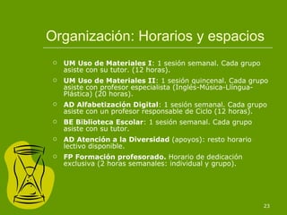 Organización: Horarios y espacios UM   Uso de Materiales I : 1 sesión semanal. Cada grupo asiste con su tutor. (12 horas). UM   Uso de Materiales II : 1 sesión quincenal. Cada grupo asiste con profesor especialista (Inglés-Música-Llíngua-Plástica) (20 horas). AD Alfabetización Digital : 1 sesión semanal. Cada grupo asiste con un profesor responsable de Ciclo (12 horas). BE Biblioteca Escolar : 1 sesión semanal. Cada grupo asiste con su tutor. AD   Atención a la Diversidad  (apoyos): resto horario lectivo disponible. FP Formación profesorado.  Horario de dedicación exclusiva (2 horas semanales: individual y grupo). 