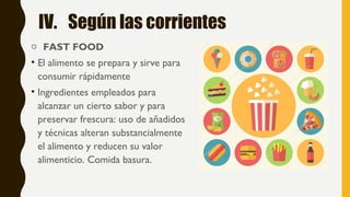 IV. Según las corrientes
o FAST FOOD
• El alimento se prepara y sirve para
consumir rápidamente
• Ingredientes empleados para
alcanzar un cierto sabor y para
preservar frescura: uso de añadidos
y técnicas alteran substancialmente
el alimento y reducen su valor
alimenticio. Comida basura.
 