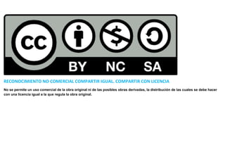 RECONOCIMIENTO NO COMERCIAL COMPARTIR IGUAL. COMPARTIR CON LICENCIA
No se permite un uso comercial de la obra original ni de las posibles obras derivadas, la distribución de las cuales se debe hacer
con una licencia igual a la que regula la obra original.