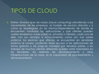  Las nubes públicas : los servicios que ofrecen se encuentran
en servidores externos al usuario, pudiendo tener acceso a ...