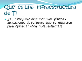 Que  es una  infraestructura de TiEs  un conjunto de dispositivos  físicos y aplicaciones  de software  que  se  requieren para  operar en toda  nuestra empresa