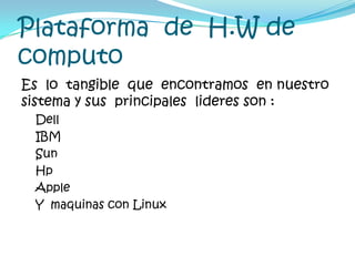 Plataforma  de  H.W de  computoEs  lo  tangible  que  encontramos  en nuestro  sistema y sus  principales  lideres son :DellIBMSunHpAppleY  maquinas con Linux