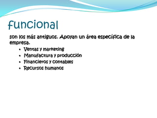 funcionalson los más antiguos. Apoyan un área específica de la empresa.Ventas y marketing