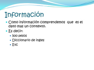 Información	Como información comprendemos  que  es el  dato mas un contexto.Es decir:500 pesos Diccionario de inglesEtc