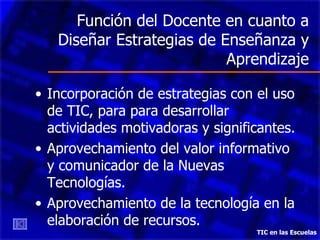 Función del Docente en cuanto a Diseñar Estrategias de Enseñanza y Aprendizaje Incorporación de estrategias con el uso de TIC, para para desarrollar actividades motivadoras y significantes. Aprovechamiento del valor informativo y comunicador de la Nuevas Tecnologías. Aprovechamiento de la tecnología en la elaboración de recursos. TIC en las Escuelas 