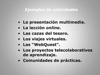 La escalera de enfoques(los valoreseducativoshan de guiar los cambiostecnológicos).Ideológico(TIC comorevolución cultural)Cultural(cambiossistémicosglobales...    e-learning, blended learning, etc.)Sistémico(TIC implicancambiosorganizativos... porejemploespacio-temporales)Organizativo(TIC comoherramienta: nuevosmétodos o estrategias).DidácticoCurricular(TIC comocontenido, enfoquedisciplinar vs. integrador).Administrativo(relacionde alumnosporcomputador).