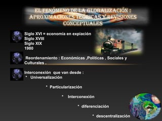 Siglo XVI = economía en expiación
Siglo XVIII
Siglo XIX
1980
Reordenamiento : Económicas ,Políticas , Sociales y
Culturales .
Interconexión que van desde :
* Universalización
* Particularización
* Interconexión
* diferenciación
* descentralización
 