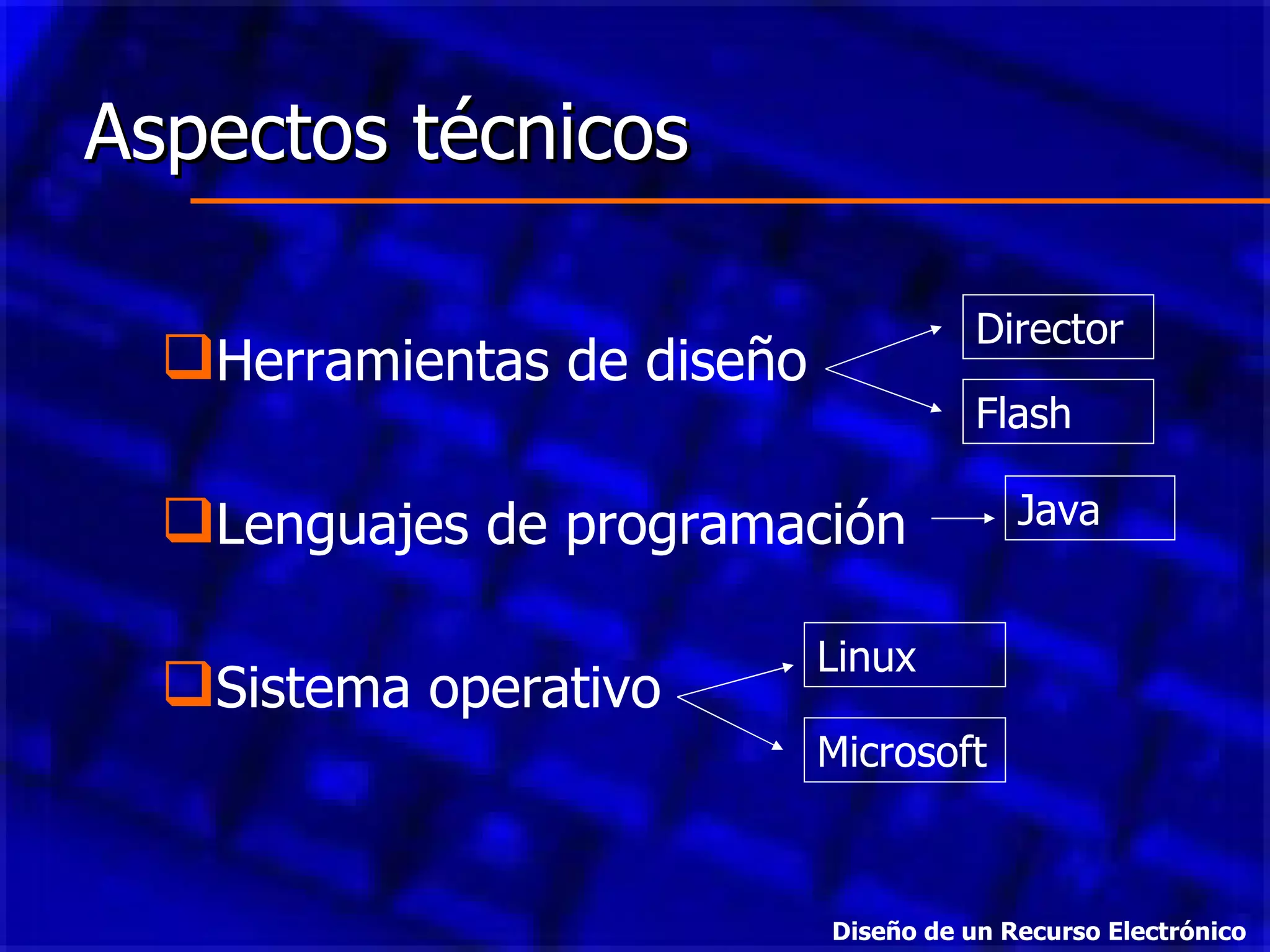 Aspectos técnicos  Herramientas de diseño Lenguajes de programación Sistema operativo Director Flash Java Microsoft Linux Diseño de un Recurso Electrónico 