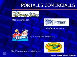 http://www.nestle.es http://disney.go.com PORTALES COMERCIALES http:// www.nabiscoworld.com / http:// www.crayola.com / index.cfm Espacios Web de Interés Educativo 