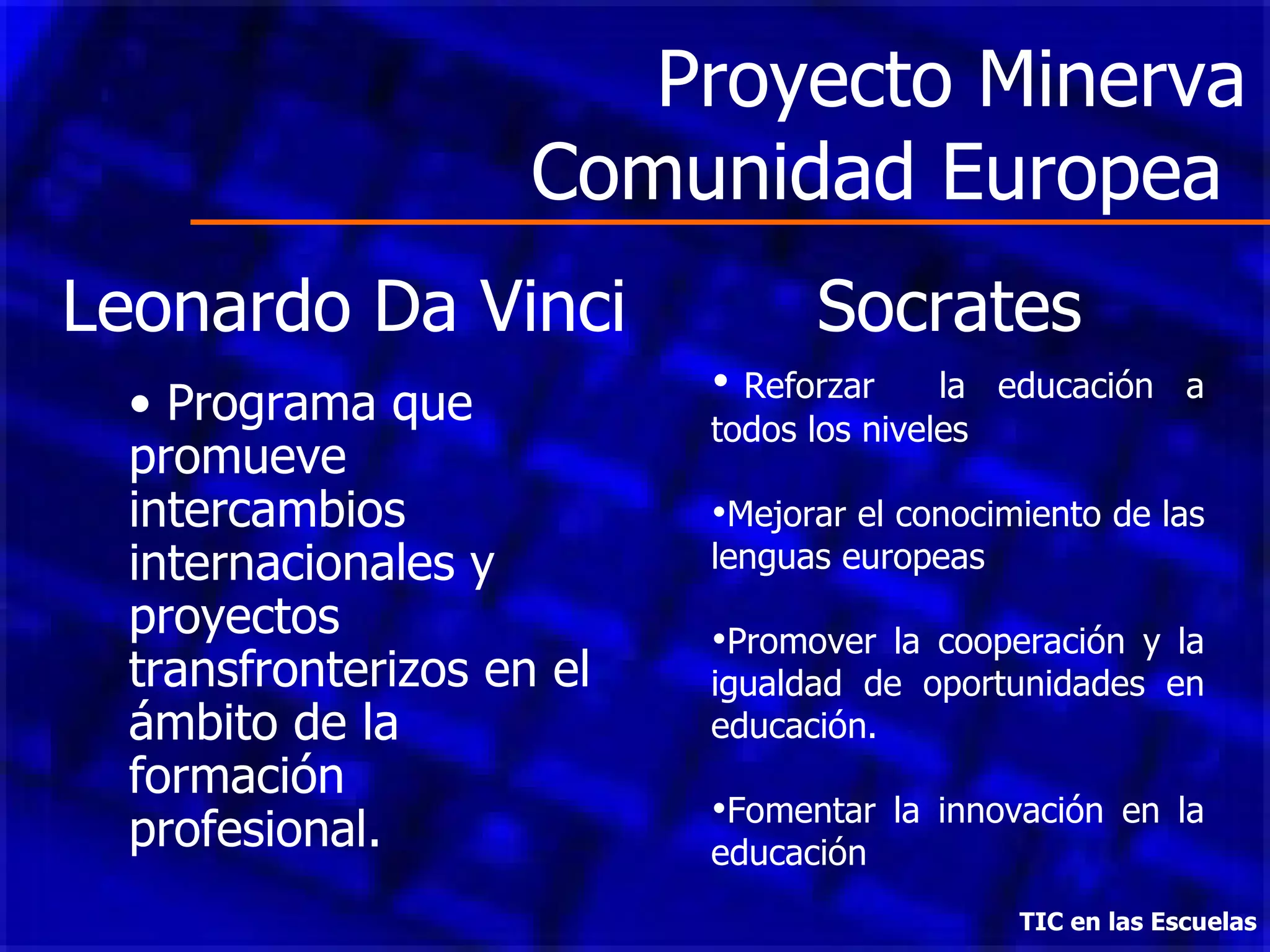 Proyecto Minerva Comunidad Europea  TIC en las Escuelas Socrates   Reforzar  la educación a todos los niveles Mejorar el conocimiento de las lenguas europeas Promover la cooperación y la igualdad de oportunidades en educación. Fomentar la innovación en la educación  Leonardo Da Vinci Programa que promueve intercambios internacionales y proyectos transfronterizos en el ámbito de la formación profesional. 
