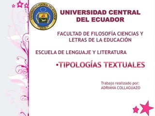 UNIVERSIDAD CENTRAL
            DEL ECUADOR

       FACULTAD DE FILOSOFÍA CIENCIAS Y
           LETRAS DE LA EDUCACIÓN

ESCUELA DE LENGUAJE Y LITERATURA




                       Trabajo realizado por:
                       ADRIANA COLLAGUAZO
 