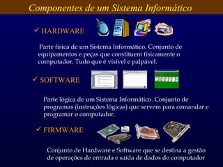   Parte física de um Sistema Informático. Conjunto de equipamentos e peças que constituem fisicamente o computador. Tudo que é visível e palpável. Componentes de um Sistema Informático  Parte lógica de um Sistema Informático. Conjunto de programas (instruções lógicas) que servem para comandar e programar o computador.  HARDWARE SOFTWARE FIRMWARE Conjunto de Hardware e Software que se destina a gestão de operações de entrada e saída de dados do computador  