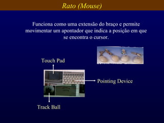 Rato (Mouse) Funciona como uma extensão do braço e permite movimentar um apontador que indica a posição em que se encontra o cursor. Pointing Device Track Ball Touch Pad 