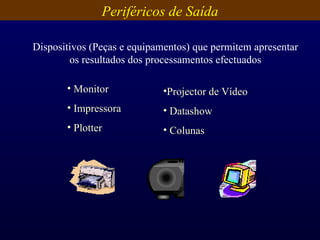 Periféricos de Saída Dispositivos (Peças e equipamentos) que permitem apresentar os resultados dos processamentos efectuados Monitor Impressora Plotter Projector de Vídeo Datashow Colunas 