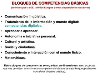(definidos por la LOE, la Unión Europea  y otras disposiciones educativas) Comunicación lingüística.  Tratamiento de la información y mundo digital:  competencias digitales .  Aprender a aprender.  Autonomía e iniciativa personal.  Cultural y artística.  Social y ciudadana.  Conocimiento e interacción con el mundo físico.  Matemáticas.  Estos bloques de competencias se organizan en dimensiones : ejes, aspectos que nos permiten  estructurar las competencias básicas de cada bloque  (podríamos considerar diversos criterios) . BLOQUES DE COMPETENCIAS BÁSICAS 