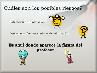 Cuáles son los posibles riesgos? Saturación de información Demasiadas fuentes distintas de información Es aquí donde aparece la figura del profesor 