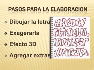 PASOS PARA LA ELABORACION

   Dibujar la letra
   Exagerarla
   Efecto 3D
   Agregar extras
 