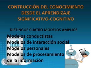 DISTINGUE CUATRO MODELOS AMPLIOS
Modelos conductistas
Modelos de interacción social
Modelos personales
Modelos de procesamiento
de la información