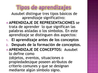 Ausubel distingue tres tipos básicos de
          aprendizaje significativo:
 APRENDIZAJE DE REPRESENTACIONES se
  trata de aprender lo que significan las
  palabras aisladas o los símbolos. En este
  aprendizaje se distinguen dos aspectos:
1. El aprendizaje antes de los conceptos
2. Después de la formación de conceptos.
 APRENDIZAJE DE CONCEPTOS: Ausubel
  lo define como
  (objetos, eventos, situaciones o
  propiedades)que poseen atributos de
  criterio comunes y que se designan
  mediante algún símbolo signo.
 