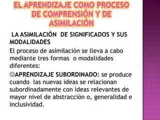 LA ASIMILACIÓN DE SIGNIFICADOS Y SUS
MODALIDADES
El proceso de asimilación se lleva a cabo
mediante tres formas o modalidades
diferentes:
APRENDIZAJE SUBORDINADO: se produce
cuando las nuevas ideas se relacionan
subordinadamente con ideas relevantes de
mayor nivel de abstracción o, generalidad e
inclusividad.
 