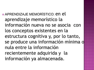  APRENDIZAJE   MEMORÍSTICO: en
                             el
 aprendizaje memorístico la
 información nueva no se asocia con
 los conceptos existentes en la
 estructura cognitiva y, por lo tanto,
 se produce una información mínima o
 nula entre la información
 recientemente adquirida y la
 información ya almacenada.
 