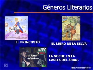 Géneros Literarios




EL PRINCIPITO      EL LIBRO DE LA SELVA



                  LA NOCHE EN LA
                  CASITA DEL ÁRBOL

                              Recursos Electrónicos
 