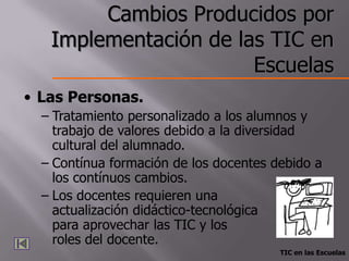 Cambios Producidos por
   Implementación de las TIC en
                       Escuelas
• Las Personas.
  – Tratamiento personalizado a los alumnos y
    trabajo de valores debido a la diversidad
    cultural del alumnado.
  – Contínua formación de los docentes debido a
    los contínuos cambios.
  – Los docentes requieren una
    actualización didáctico-tecnológica
    para aprovechar las TIC y los
    roles del docente.
                                        TIC en las Escuelas
 