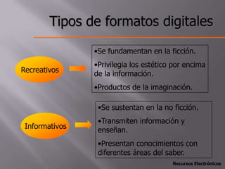 Tipos de formatos digitales

                •Se fundamentan en la ficción.
                •Privilegia los estético por encima
Recreativos     de la información.
                •Productos de la imaginación.

                 •Se sustentan en la no ficción.
                 •Transmiten información y
 Informativos
                 enseñan.
                 •Presentan conocimientos con
                 diferentes áreas del saber.
                                        Recursos Electrónicos
 