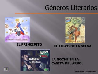 Géneros Literarios




EL PRINCIPITO      EL LIBRO DE LA SELVA



                  LA NOCHE EN LA
                  CASITA DEL ÁRBOL

                              Recursos Electrónicos
 