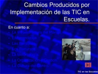 Cambios Producidos por
 Implementación de las TIC en
                    Escuelas.
En cuanto a:
• La Infraestructura del Plantel.
• El Aprendizaje.
• Las Personas.
• Los Recursos.
• La Metodología.
• La Organización y Gestión.
• La Cultura del Centro.
                                    TIC en las Escuelas
 