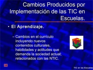 Cambios Producidos por
Implementación de las TIC en
                   Escuelas.
• El Aprendizaje.

  – Cambios en el currículo
    incluyendo nuevos
    contenidos culturales,
    habilidades y actitudes que
    demanda la sociedad actual;
    relacionados con las NTIC.

                                  TIC en las Escuelas
 