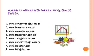 ALGUNAS PAGINAS WEB PARA LA BUSQUEDA DE
EMPLEO.
1. www.computrabajo.com.co
2. www.bumeran.com.co
3. www.elempleo.com.co
4. www.manpower.com.co
5. www.zonajobs.com.co
6. www.computrabajo.com.co
7. www.monster.com
8. www.infojobs.com
 