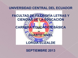UNIVERSIDAD CENTRAL DEL ECUADOR
FACULTAD DE FILOSOFÍA LETRAS Y
CIENCIAS DE LA EDUCACIÓN
CARRERA:EDUCACIÓN BÁSICA
CUARTO NIVEL
LORGIA ELIZALDE
SEPTIEMBRE 2013
 
