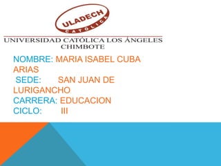 NOMBRE: MARIA ISABEL CUBA
ARIAS
SEDE:
SAN JUAN DE
LURIGANCHO
CARRERA: EDUCACION
CICLO:
III

 