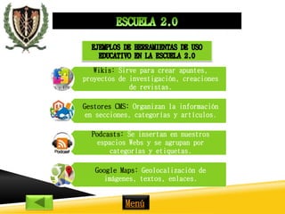 Wikis: Sirve para crear apuntes, 
proyectos de investigación, creaciones 
de revistas. 
Gestores CMS: Organizan la información 
en secciones, categorías y artículos. 
Podcasts: Se insertan en nuestros 
espacios Webs y se agrupan por 
categorías y etiquetas. 
Google Maps: Geolocalización de 
imágenes, textos, enlaces. 
Menú 
 