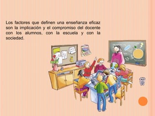 Los factores que definen una enseñanza eficaz 
son la implicación y el compromiso del docente 
con los alumnos, con la escuela y con la 
sociedad. 
 