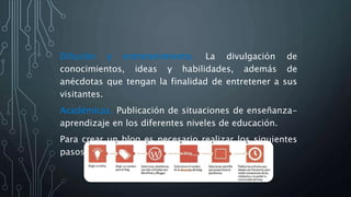 Difusión y entretenimiento. La divulgación de
conocimientos, ideas y habilidades, además de
anécdotas que tengan la finalidad de entretener a sus
visitantes.
Académicas. Publicación de situaciones de enseñanza-
aprendizaje en los diferentes niveles de educación.
Para crear un blog es necesario realizar los siguientes
pasos:
 