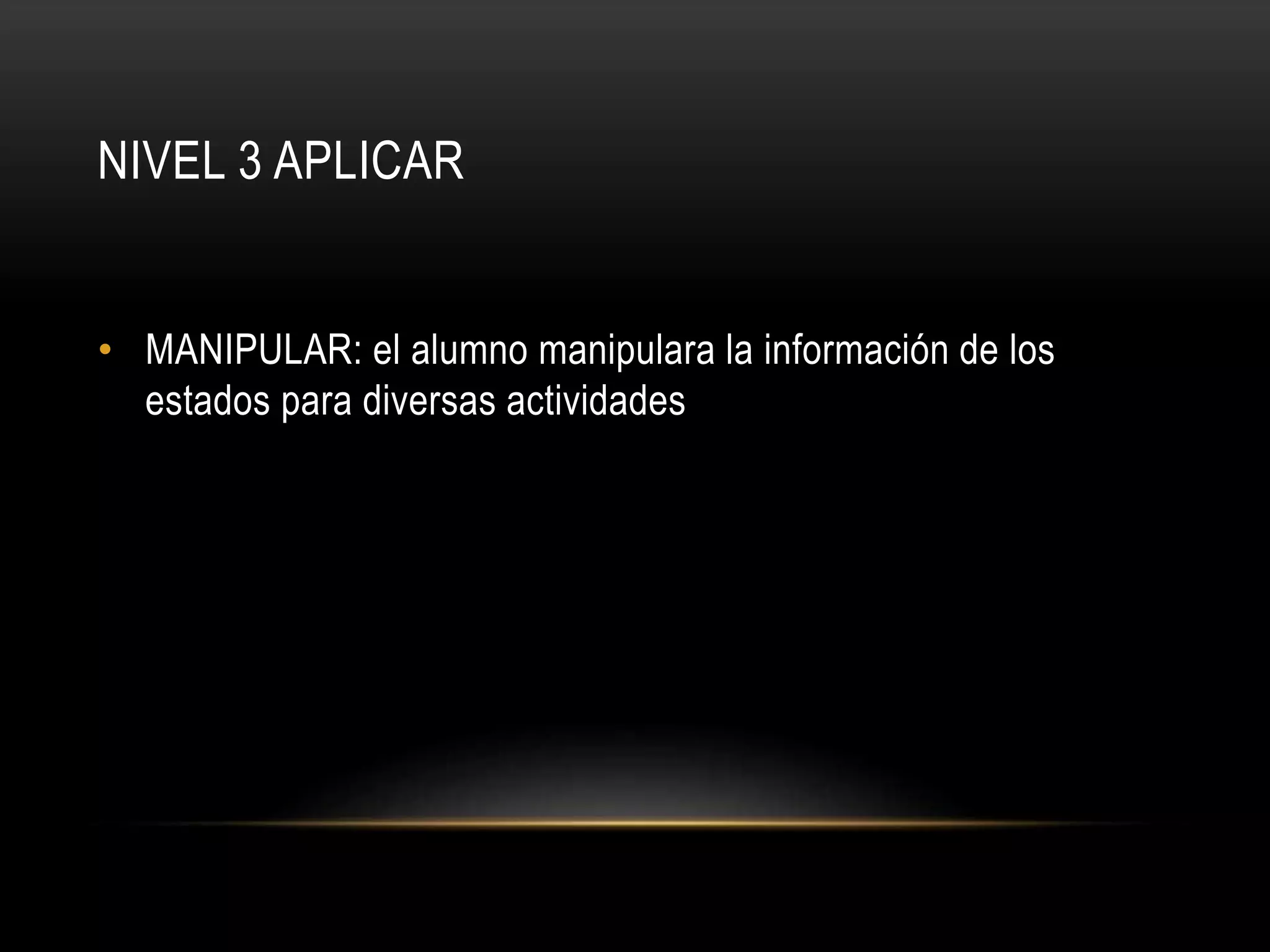NIVEL 3 APLICAR
• MANIPULAR: el alumno manipulara la información de los
estados para diversas actividades
 