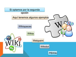 Si optamos por la segunda
opción
Aquí tenemos algunos ejemplos
Wikia
Webpaint
PBWiki
Wikidot
Wikispaces
 