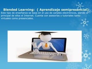 Blended Learning: ( Aprendizaje semipresencial)
Este tipo de enseñanza se basa en el uso de canales electrónicos, siendo el
principal de ellos el Internet. Cuenta con asesorías y tutoriales tanto
virtuales como presenciales.
 