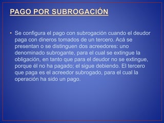 • Se configura el pago con subrogación cuando el deudor
paga con dineros tomados de un tercero. Acá se
presentan o se distinguen dos acreedores: uno
denominado subrogante, para el cual se extingue la
obligación, en tanto que para el deudor no se extingue,
porque él no ha pagado; el sigue debiendo. El tercero
que paga es el acreedor subrogado, para el cual la
operación ha sido un pago.
 