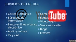 SERVICIOS DE LAS TICs
Correo Electrónico
Búsqueda de
información
Banco en línea o banco
electrónico
Audio y música
TV y cine
Comercio electrónico
Educación
Videojuegos
Servicios móviles
Blogs
Etcétera
 