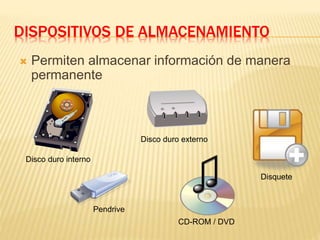 DISPOSITIVOS DE ALMACENAMIENTO
 Permiten almacenar información de manera
permanente
Disco duro interno
Disco duro externo
Pendrive
CD-ROM / DVD
Disquete
 