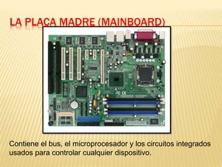 LA PLACA MADRE (MAINBOARD)
Contiene el bus, el microprocesador y los circuitos integrados
usados para controlar cualquier dispositivo.
 